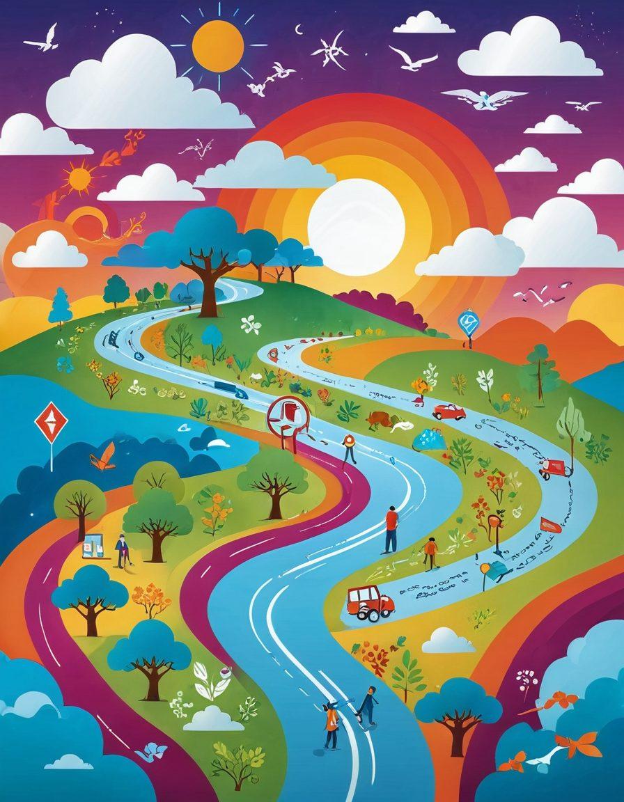 A stylized map featuring various health symbols and icons (like a stethoscope, test tubes, and shield) intertwined with a winding path, representing the journey through explicit content awareness and health. Use a gradient of vibrant colors for an engaging look, with soft clouds and bright sun to symbolize clarity and understanding. Include a diverse group of people of different backgrounds and ages discussing and exploring the health tests in a friendly manner. vector art. vibrant colors.