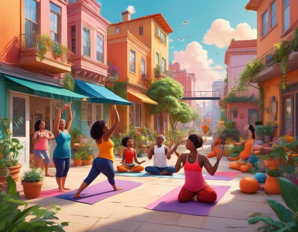 A vibrant illustration showing a diverse group of animated characters engaging in healthy activities like yoga, cooking, and mindfulness, set against a colorful backdrop blending elements of both urban life and nature. Include playful motifs that reflect the fusion of adult themes and wellness, such as comic-style speech bubbles with health tips. super-realistic. vibrant colors. 3D.