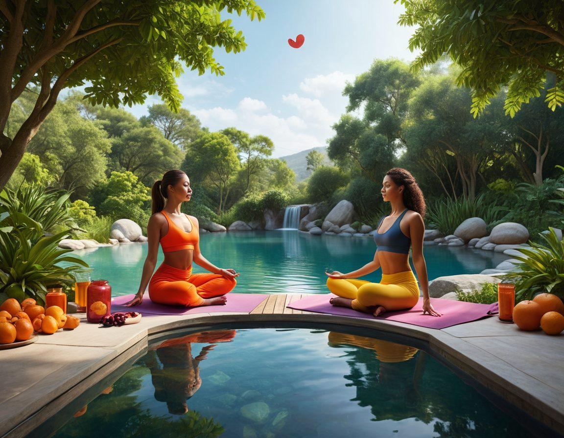 A thought-provoking scene featuring a split image: one half depicting a serene wellness retreat with yoga, meditation, and healthy living, and the other half showcasing a modern adult entertainment setting, highlighting awareness and health screenings. Include symbols of balance and understanding, such as a yin-yang or heart symbol. Utilize warm and inviting colors to promote well-being. super-realistic. vibrant colors. split composition.
